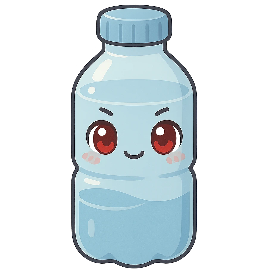 A water bottle with red eyes emoji