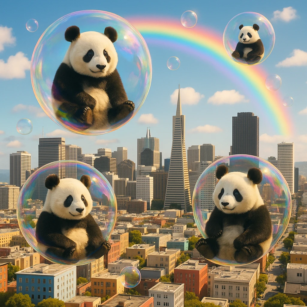 Cinematic still pandas bears sitting inside bubbles flying around San Francisco downtown, sunny summer day, happy vibe, colorfull surround, rainbow emoji