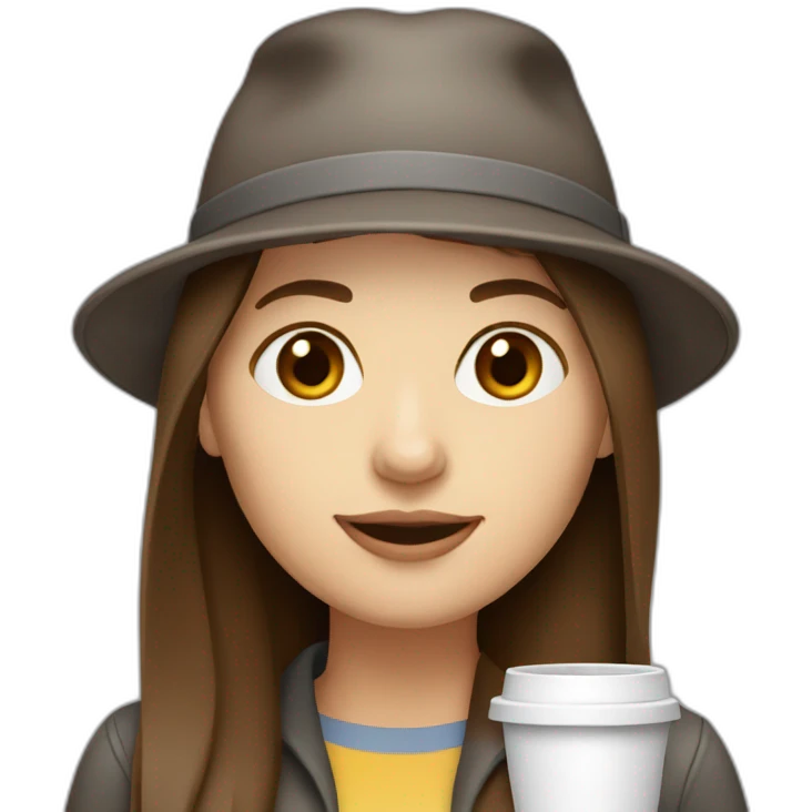 woman with long straight brown hair and pale skin and wearing a laptop hat and drinking coffee emoji