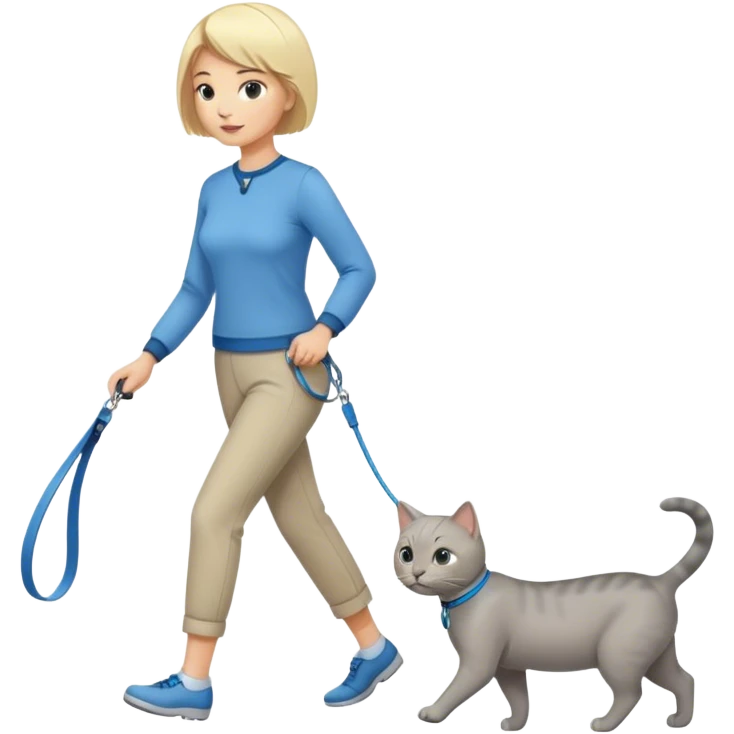blonde short-haired woman walking a gray cat on a blue leash emoji