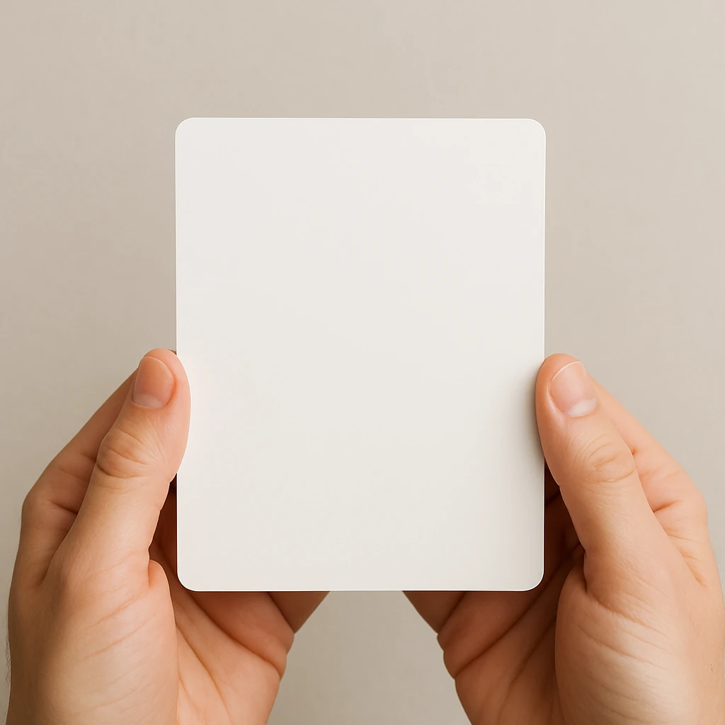 hands gently holding a card, thumbs on the front and fingers behind, clear view of the card, neutral background emoji