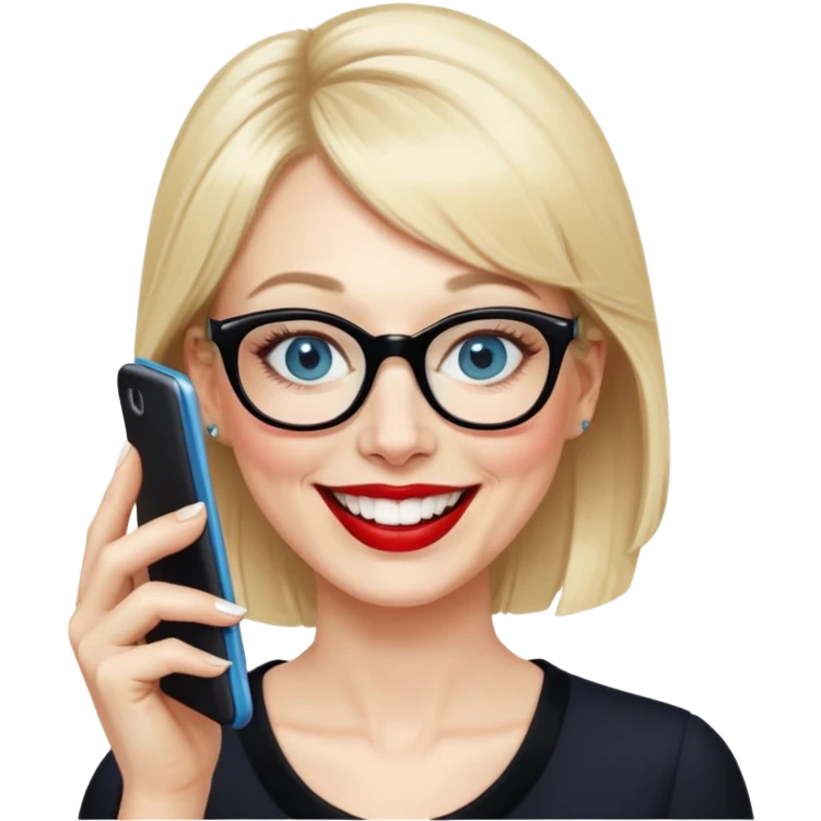 Pin up Woman in her early 50s with pale skin, wider face, blue eyes with eyeliner, thin eyebrows, red lipstick, blonde hair up with bangs, wearing black glasses. Laughing on a mobile phone  emoji