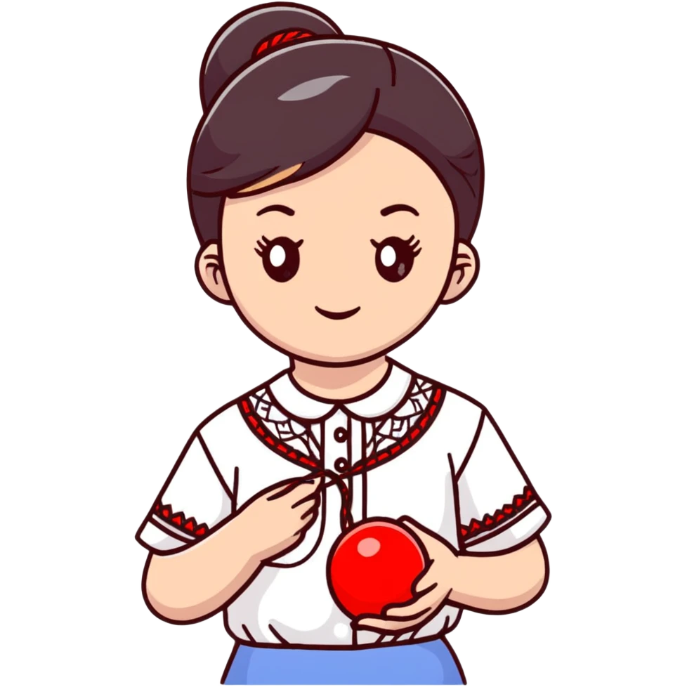 Ukrainian young girl in a white embroidered shirt holds a red ball of thread in her hand emoji