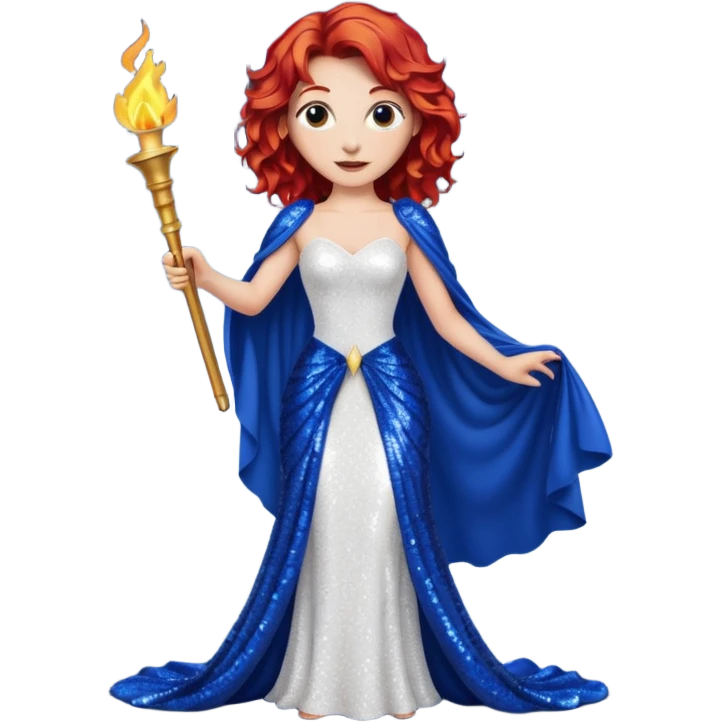 Torch Lady from Film Studios with red wavy hair, white sequin gown, royal blue sequin drape, holding torch emoji
