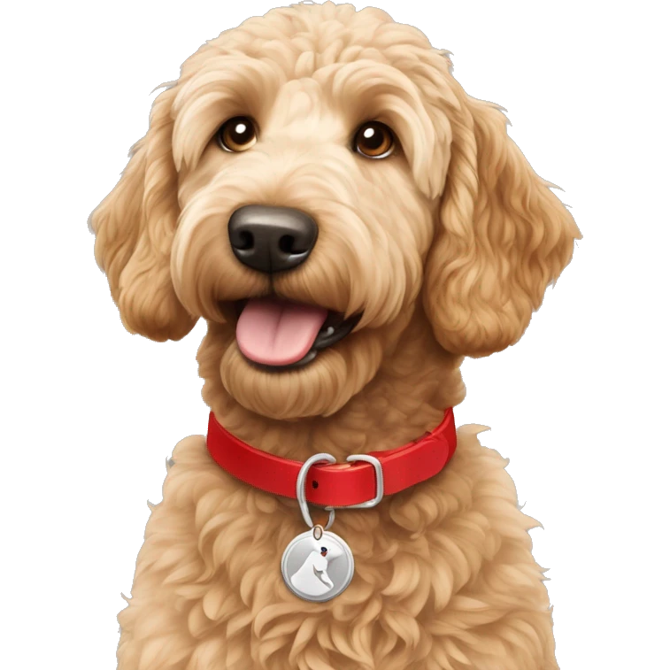 light brown golden doodle wearing a red collar with silver tag emoji