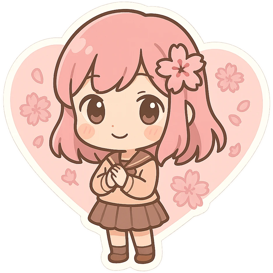 Pink heart-shaped cherry blossom pattern, Q version sticker style emoji