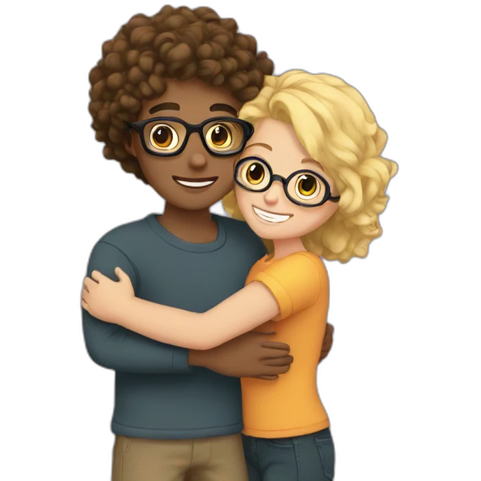 boy with curly blonde hair and glasses hugging girl with black hair and glasses emoji