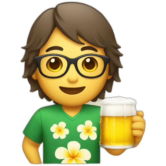 Japanese wearing roundglasses alohashirt is holding beer emoji