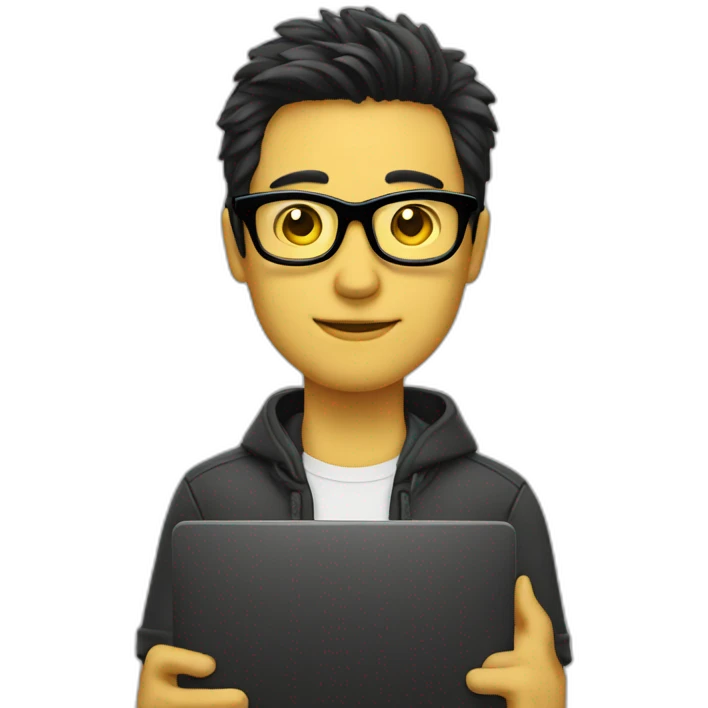 Man with yellow tinted glasses and black hair holding computer  emoji