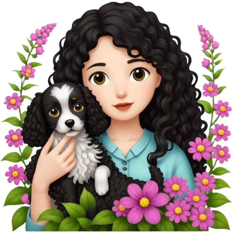 A long-haired girl holding a black curly-haired Tactic dog in the flowers emoji