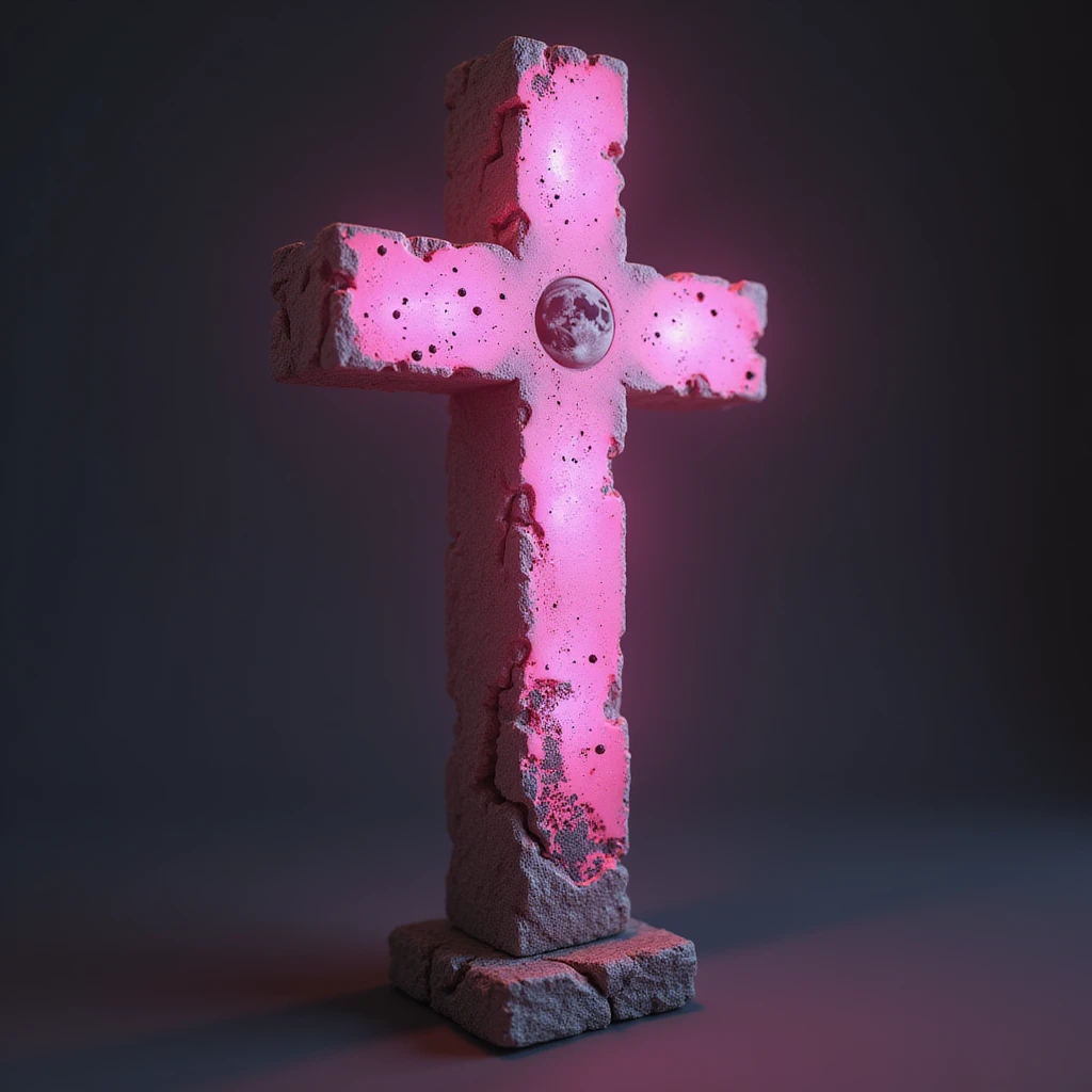 realistic gothic cross, pink with a moon and stars, photorealistic style emoji