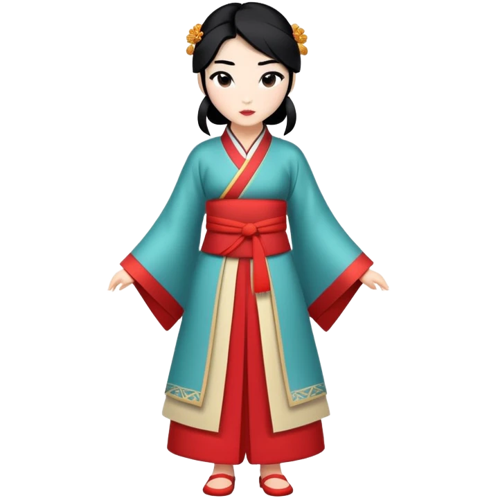 full body Mulan with traditional Chinese outfit, black hair, minimal style emoji