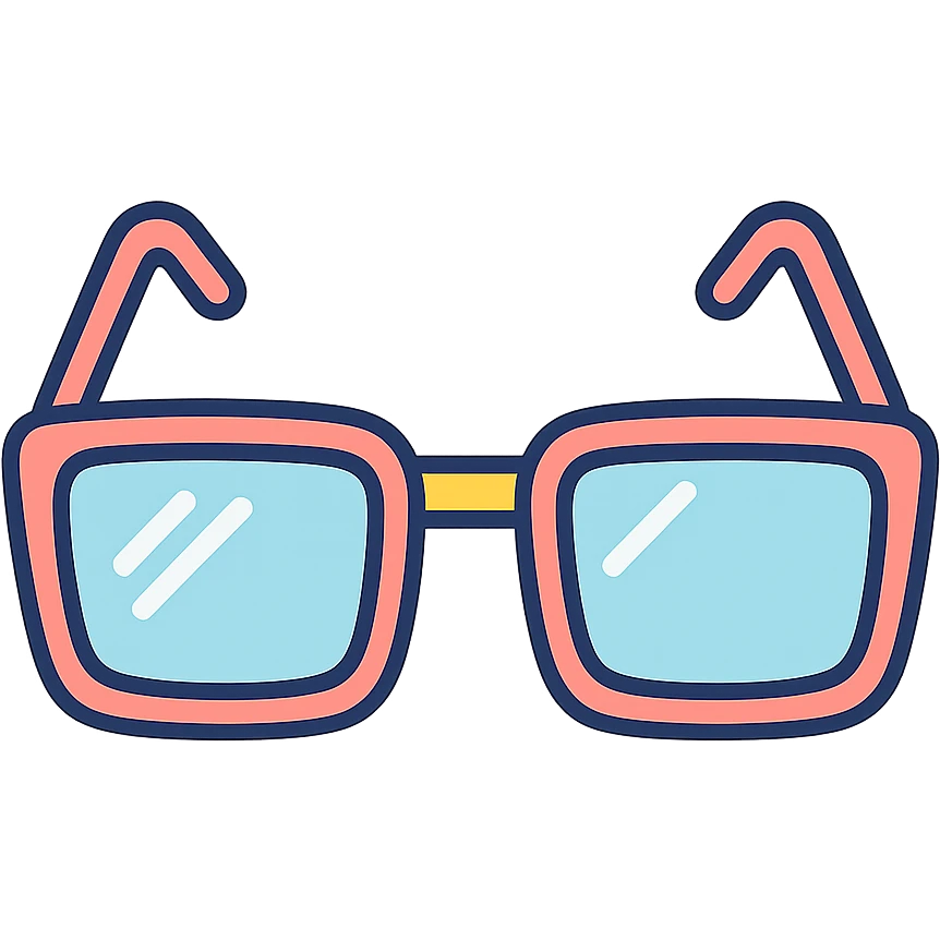 stylish eyeglasses for vision with diopters, rectangular frame, front view, vector look with shadows and glare, detailed shading, thin clean outlines, pastel palette, Japanese pop art, sticker look, highly detailed, transparent background emoji