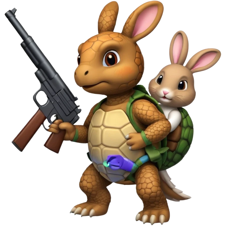 Turtle with a rabbit on its back that has a gun emoji