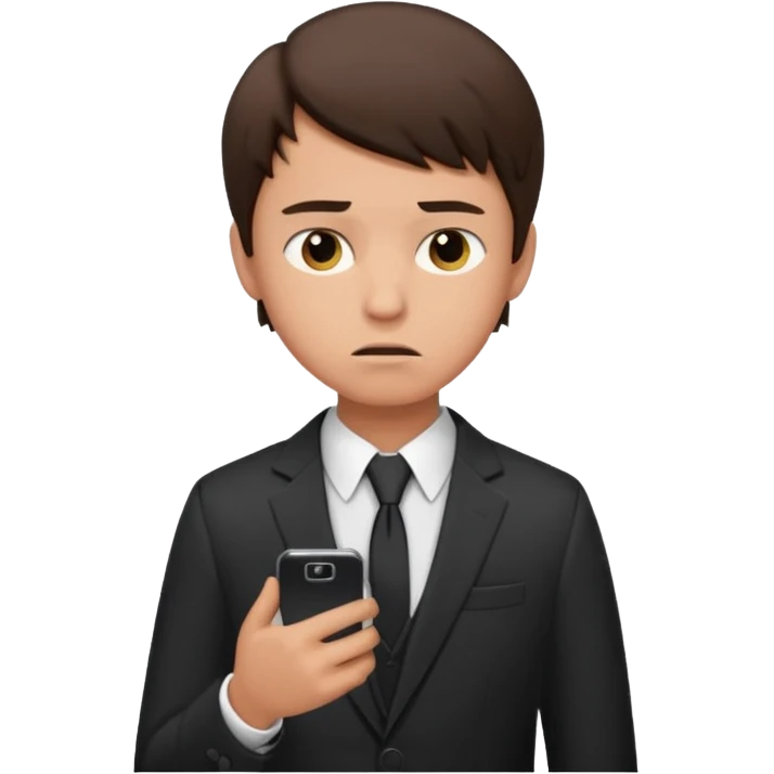 generate a brunette teen boy. dressed formally at work.  calling on a mobile, looking upset emoji