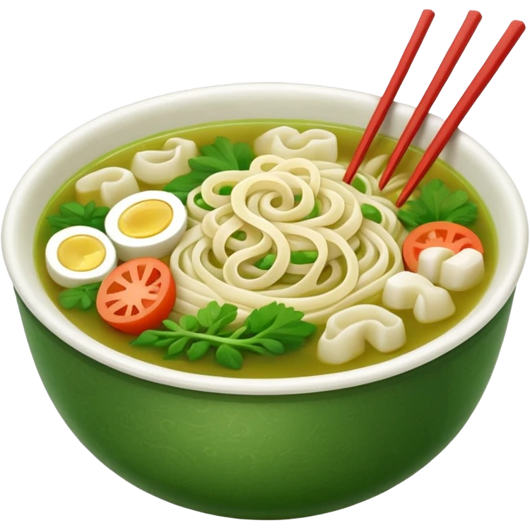create khmer noodle emoji with green broth and white noodle with vegetable with chabstick emoji