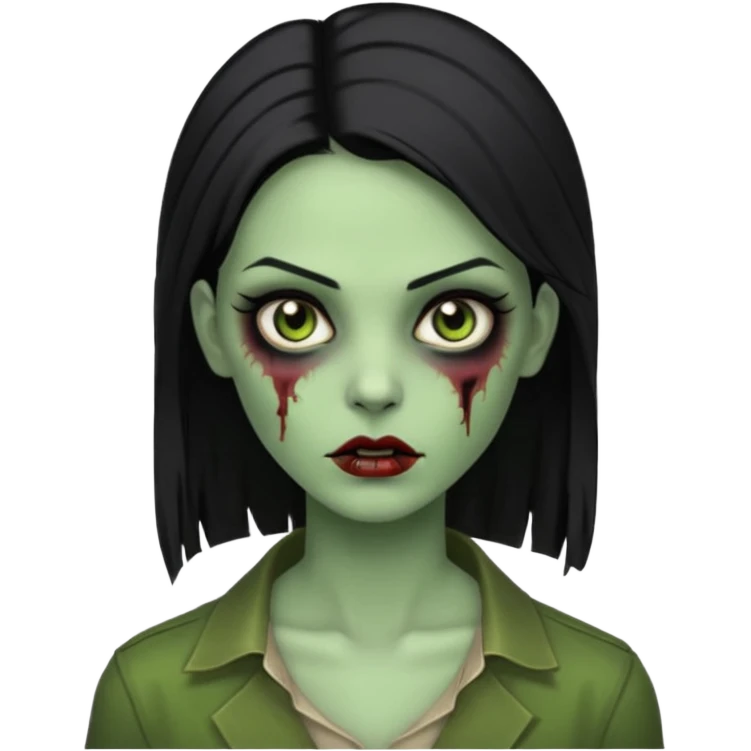 Faça uma zombie mulher bonita verde com olhos castanhos cabelos pretos partido ao meio liso, com estilo  emoji