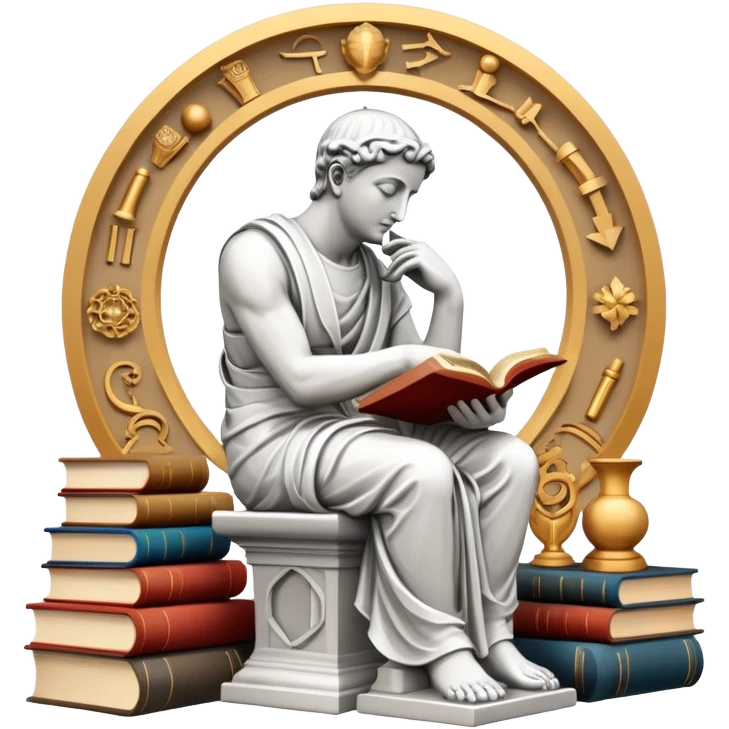An icon featuring a thinker statue, a scroll, symbolizing philosophy. The design includes books and abstract symbols representing deep thought and wisdom. Transparent background highlights the study of ideas, logic, and existential questions emoji