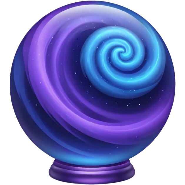 A glass sphere filled with swirling purple and blue dust, glowing softly, 3D. Use muted, calm purples and blues instead of bright neon tones, to create a harmonious and elegant look. emoji