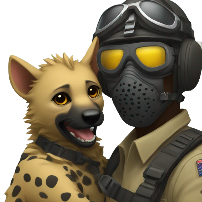 Yellow army Pilot with black mask googles, and then a big hyena hugging him emoji