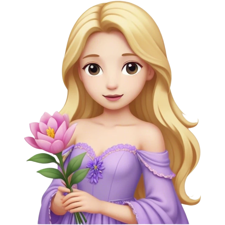 Cinematic Realistic Rapunzel Portrait, with porcelain-like skin featuring a subtle, natural glow, illuminated by soft lighting that brings out the gentle contours of her face. Her long, golden blonde hair cascades in detailed waves, each strand highlighted with a radiant shimmer as it catches the light. She playfully holds a flower in one hand, her other hand resting casually in her lap, with a warm and spirited expression. Her bright, expressive green eyes exude curiosity and warmth, framed by delicate lashes and soft, arched brows. She is dressed in her classic lavender and pink gown, the fabric textured with delicate folds that flow naturally, catching the light with a soft, radiant glow. The portrait captures a luminous, enchanting aura, seamlessly blending realism with a whimsical, fairytale charm, evoking a timeless sense of beauty and magic. emoji