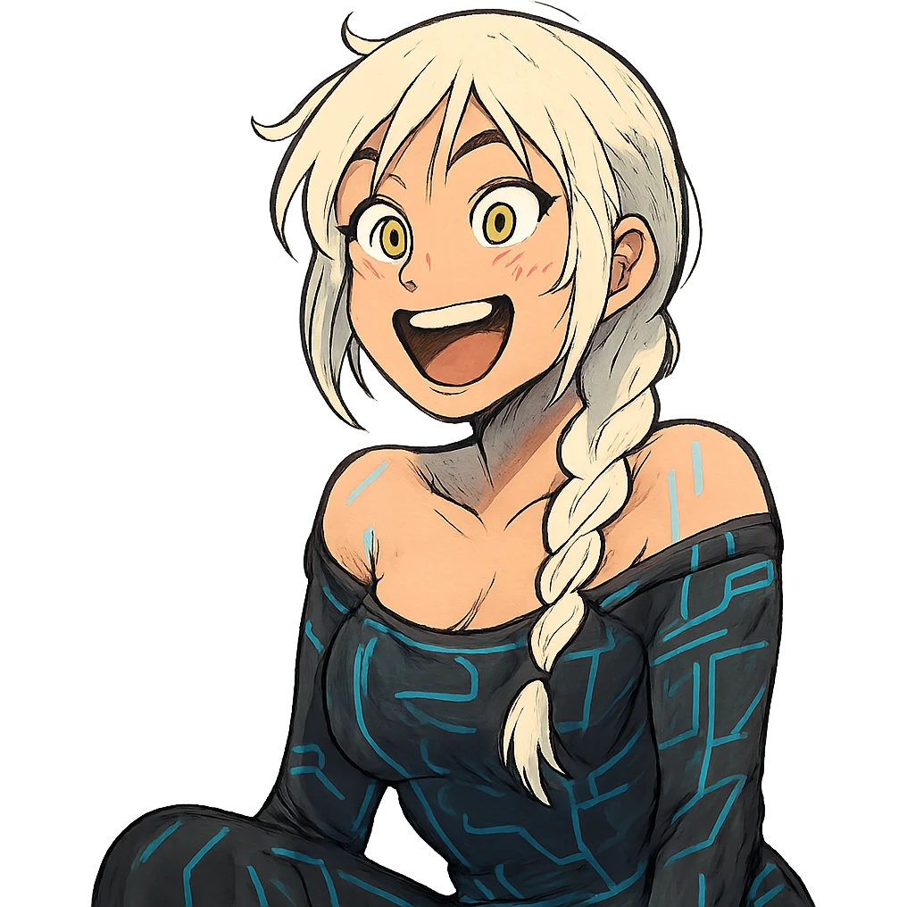 she making a emphatically happy excited facial expression, a closeup portrait of young woman with gold yellow eyes, white hair, long braid, black off-shoulder top d-cup, punk gothic style, futuristic cyberwave cyberpunk, sitting position emoji