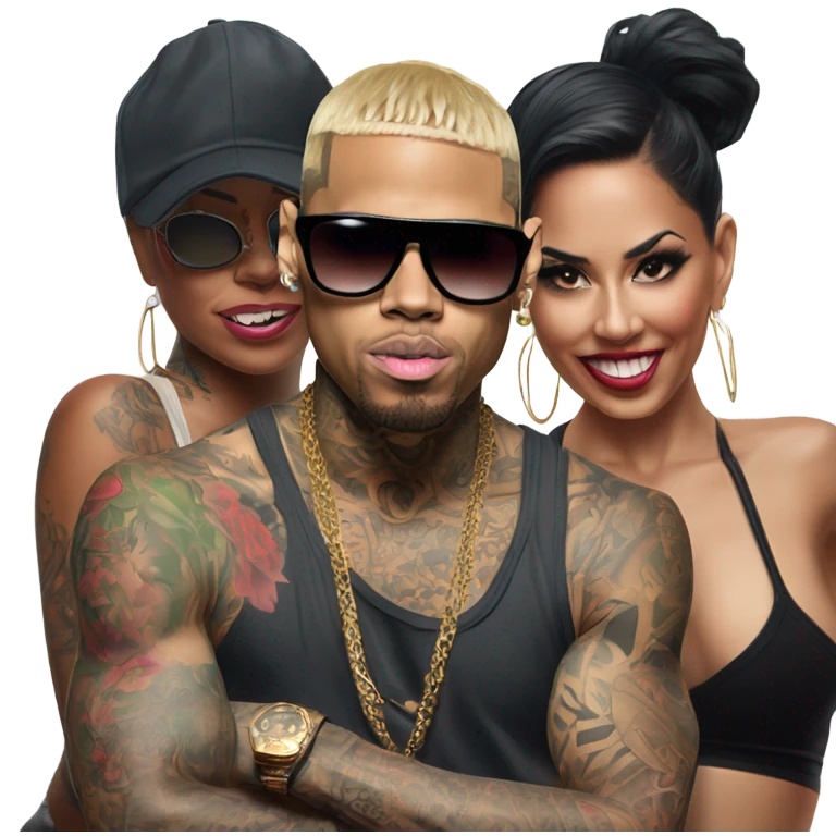 Hyper Realistic Chris Brown  wearing sunglasses with 2 female tattooed dancers emoji