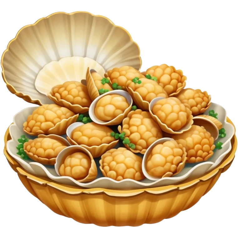 Qingdao fried clams in shell with garlic, simplified emoji style with bold outlines and bright colors, cartoon style Shandong seafood specialty emoji