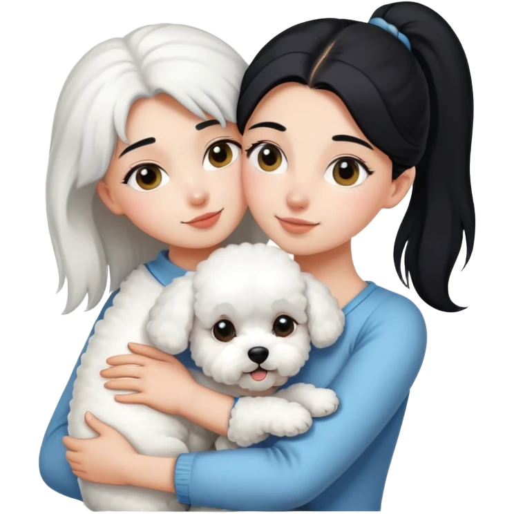 One long face girl with straight black hair in a ponytail，hugging one Bichon frise emoji