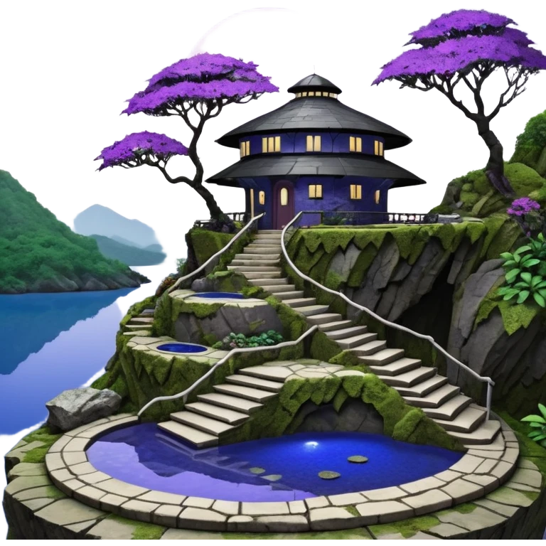 Crashed Alien saucer pool-house jungle winding staircase lakeside mountainside-island getaway haunted nighttime landscape antique mudman very old broken cracked intricate Stone Age lapis-crusted irregular dodecagon-shaped shallow dark moss rough bark violet serissa flowered maple tree bonsai emoji