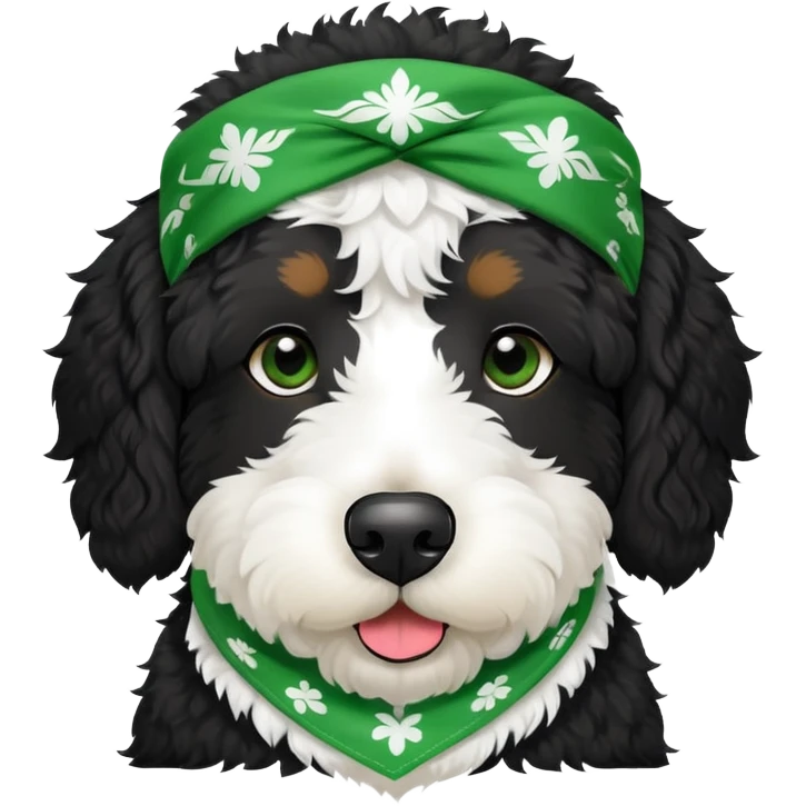 Black bernadoodle with white around mouth and big white eyebrows wearing green bandanna  emoji