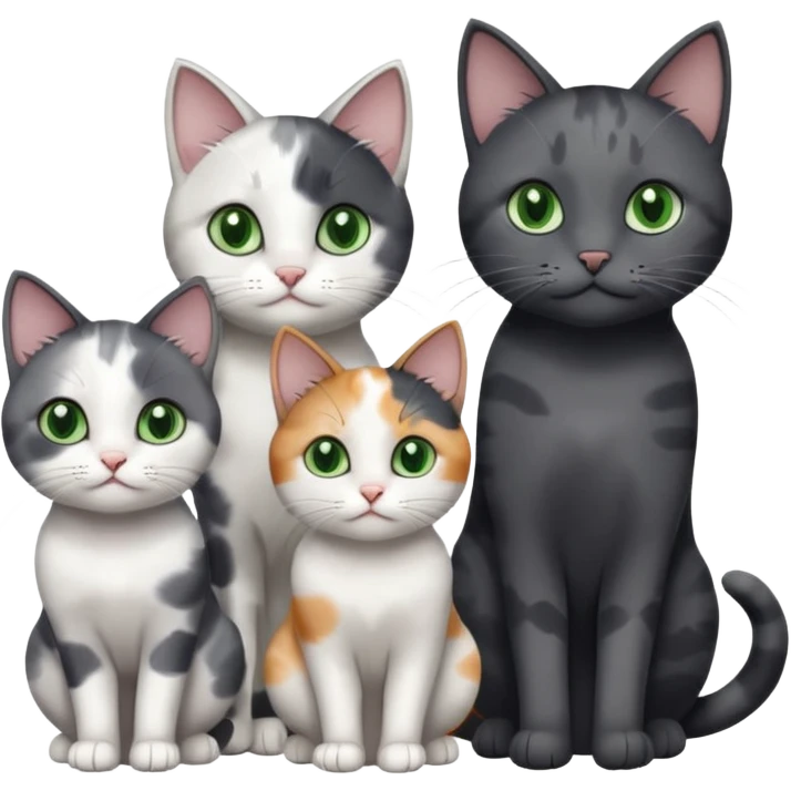 3 different coloured small cats including a dark grey and white, and a patchy calico and a completely solid dark grey with green eyes and only white paws emoji