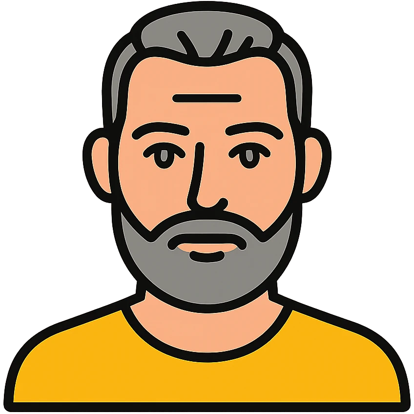 A middle-aged man with a medium slightly gray beard, short hair cut to the scalp on the sides and combed back on top, blue eyes emoji