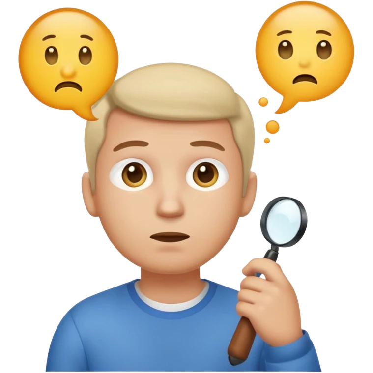 Realistic emoji-style man in simple everyday clothes, looking thoughtful and analytical. A thought bubble above his head shows a critical-thinking icon (question mark + magnifying glass). Soft lighting, expressive critical facial expression. emoji