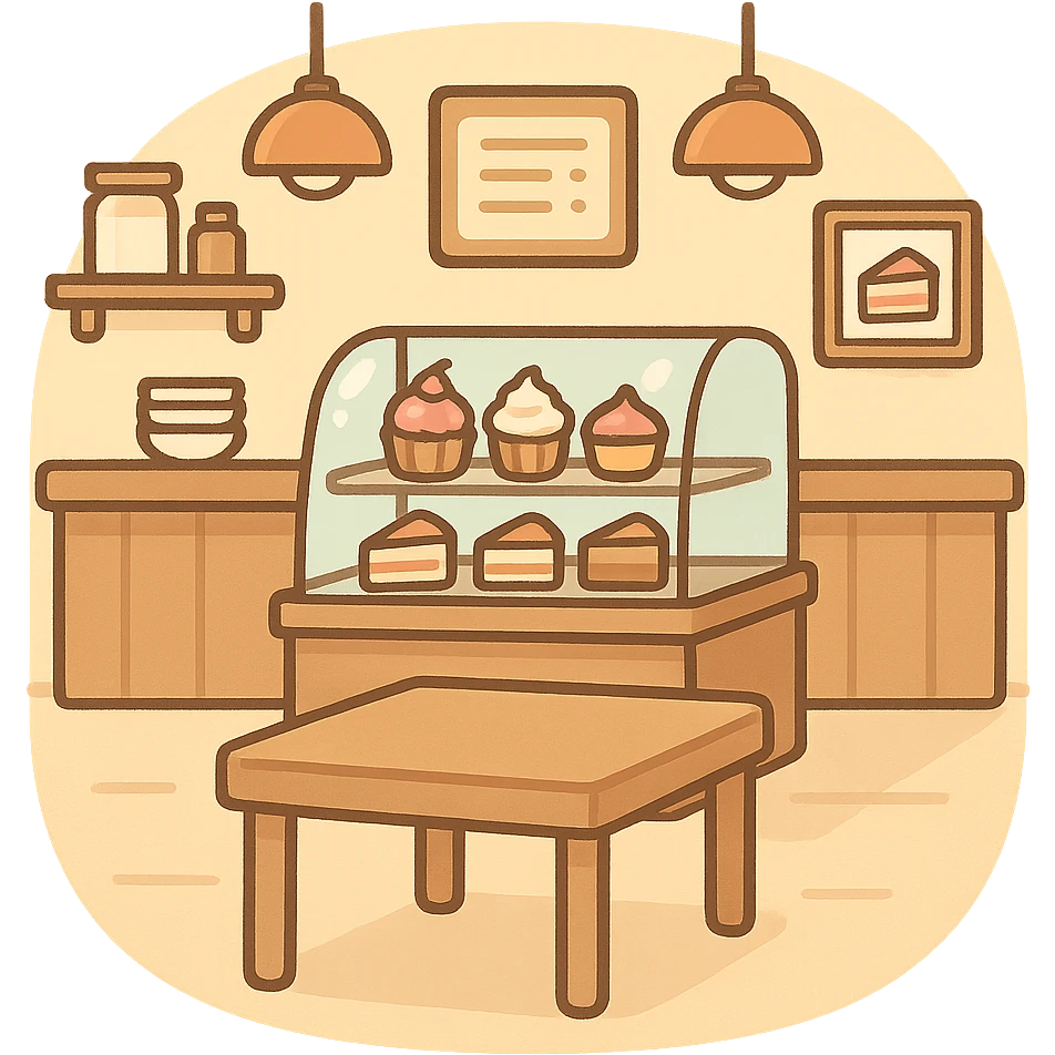 一个可爱的甜品店室内场景，前面有一张方形大桌子 emoji