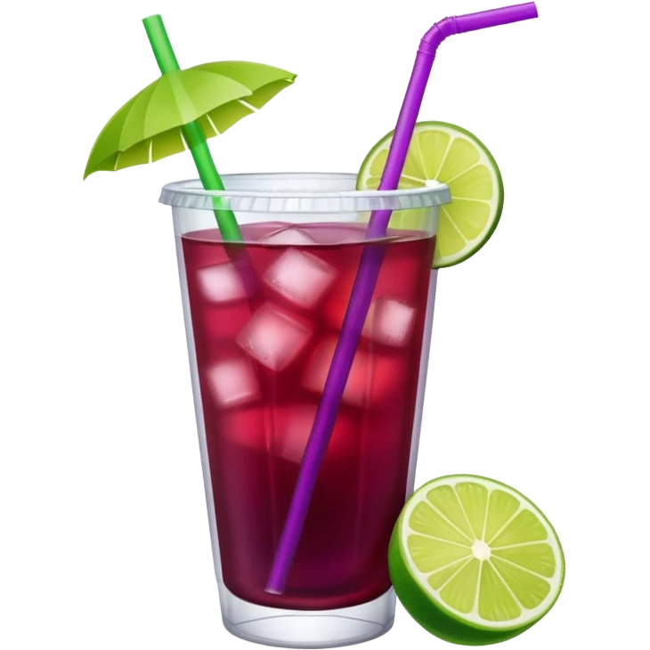 maroon purple cocktail with a lime wedge in the drink in a plastic cup with lid and straw - no lime on edge

 emoji