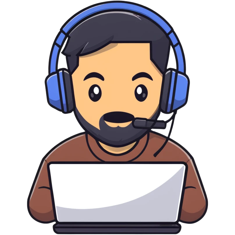 A gamer with black hair, brown eyes, and a black beard wearing a gaming headset with a thankful expression emoji