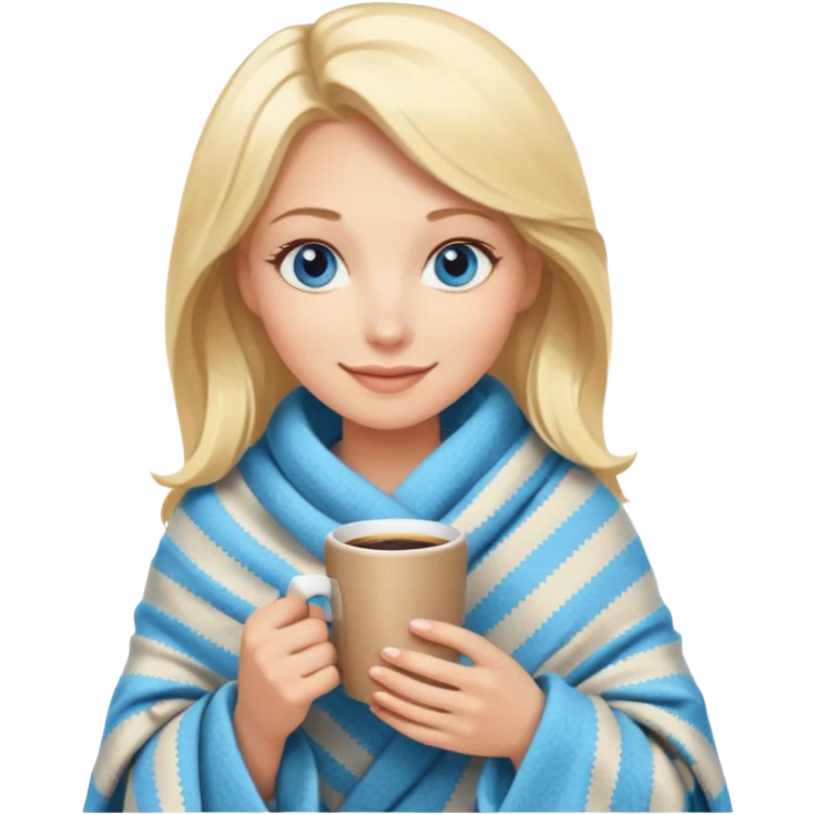Blonde with blue eyes wrapped up in a cozy blanket with a hot coffee emoji