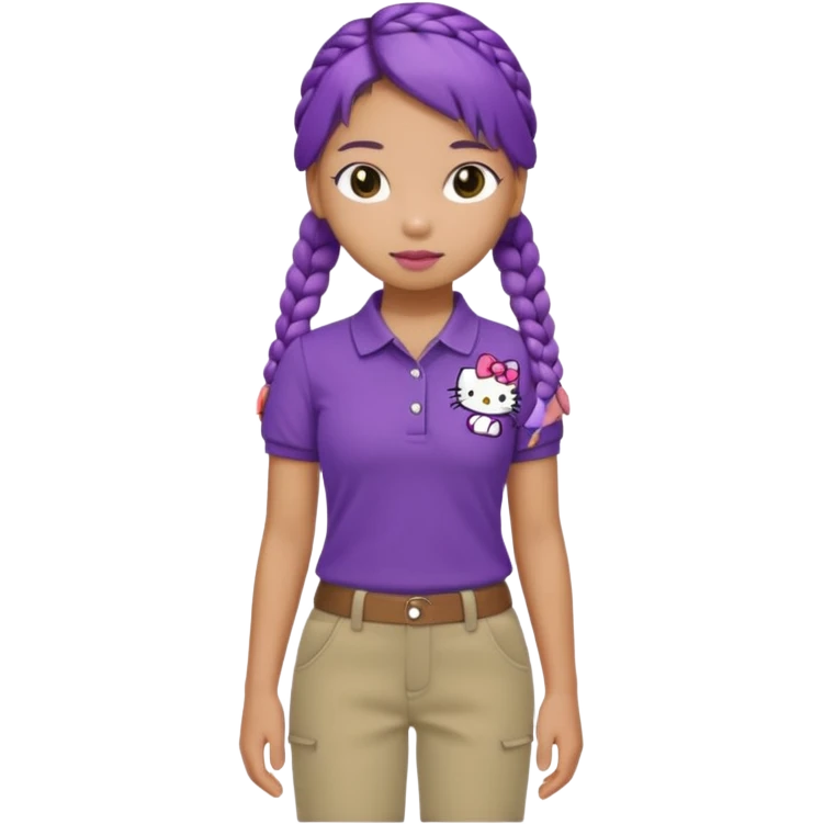 hello kitty wearing purple polo shirt and kyaki pants with long fishtail braids baddie emoji