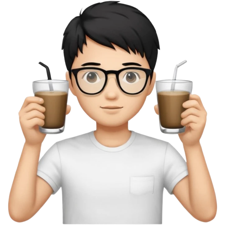 young handsome Asian man with black coffee colored hair, wearing white T-shirt, black framed glasses, holding glasses, very smart, emoji style emoji