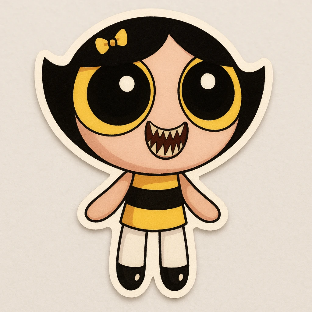 Add a wide, crazed smile with sharp teeth to the character, maintaining the original cartoon style and quality. emoji