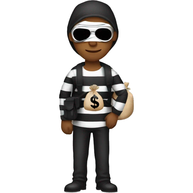 Bank robber wearing black and white striped shirt black eye face mask and holding a brown sack over the shoulder that has the dollar symbol emoji