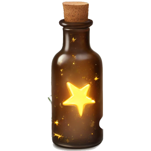Brown magic fairy light sparkling old Antique bottle with poison and with herbal and flowers emoji