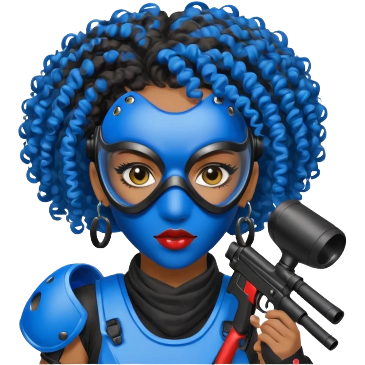 blue curly haired paintball playergirl with huge earrings, wearing paintball mask emoji