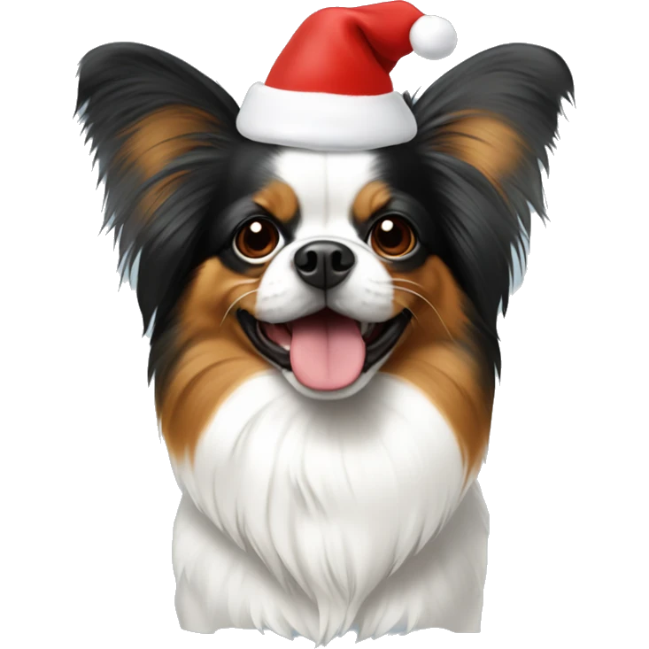 Tri color papillion wearing Santa hat emoji