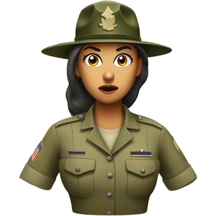 a female drill sergeant showing full torso wearing a classic sergeant hat and a camouflage army shirt. The character should have an angry intense expression.  emoji