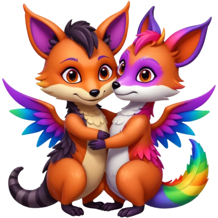 black female raccoon dragon hybrid with rainbow colored wings and purple eyes giving a hug to a red female fox dragon hybrid with rainbow colored wings and orange eyes emoji