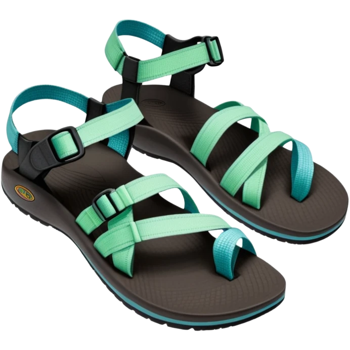 Chaco sandal with toe loop, black footbed, light blue and light green straps emoji