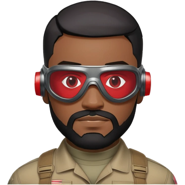 sam wilson have a short, neatly cropped black hair. It is evenly trimmed and close to the scalp, maintaining a clean and military-inspired and  a well-groomed beard that connects to his mustache,  wear sleek, red-tinted tactical goggles fit snugly from captain america: civil war emoji
