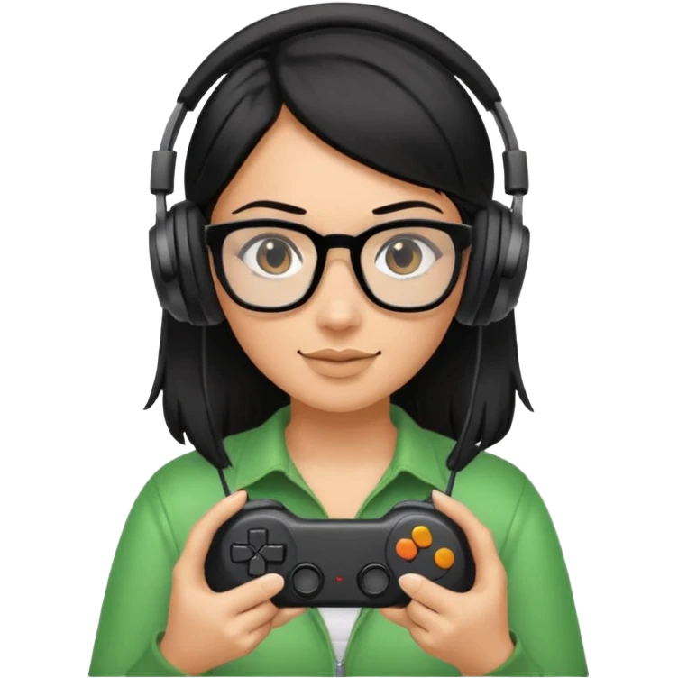 
gamer, woman shiny black hair no eyebrows with glasses, headphone, gamepad emoji